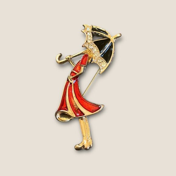 Vintage Gold Tone Red Enamel Rhinestone Umbrella Lady Brooch - Picture 1 of 4